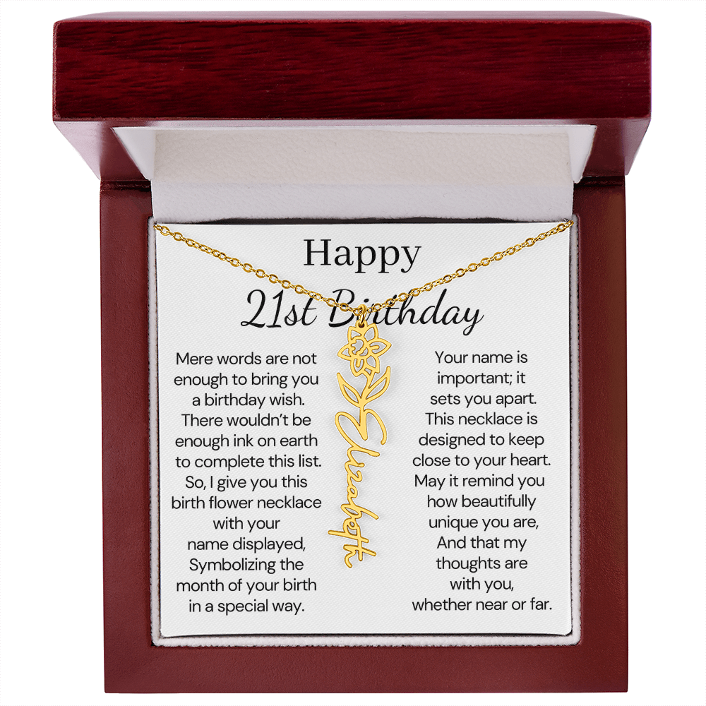 Personalized 21st Birthday Gift for Her – Customized Birth Flower Name Necklace – 21st Birthday Jewelry Gift for Granddaughter, Daughter, or Niece