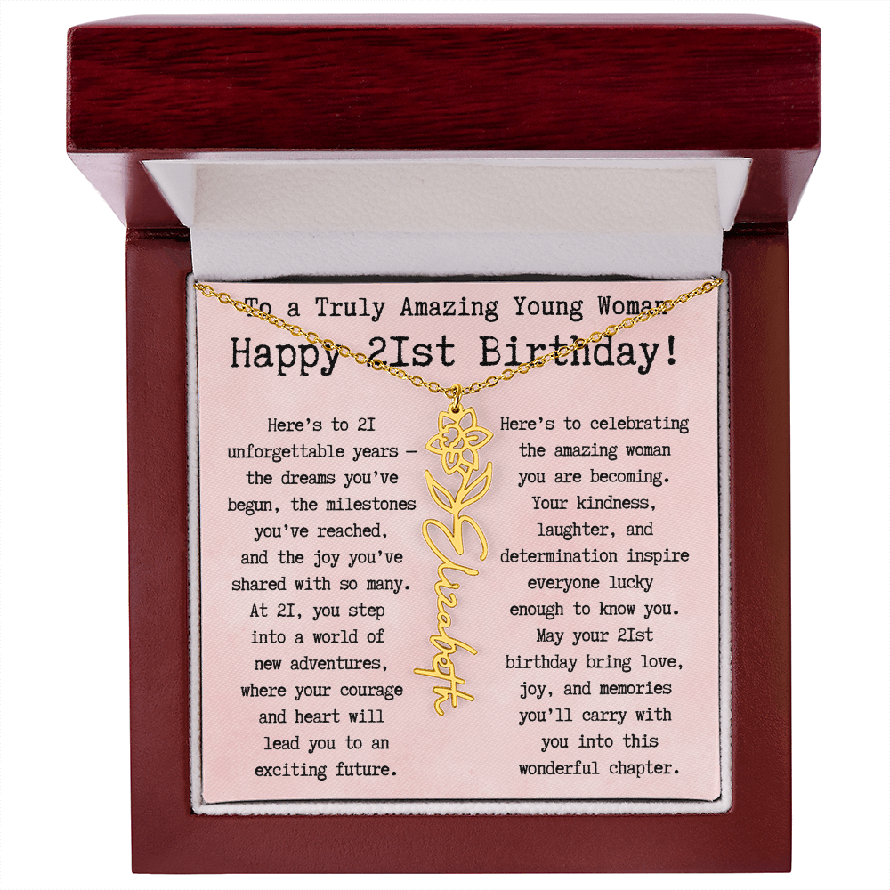 Personalized 21st Birthday Gift for Her – Customized Birth Flower Name Necklace – Unique Twenty-First Birthday Jewelry Gift from Grandma, Mom, Aunt, or Friend