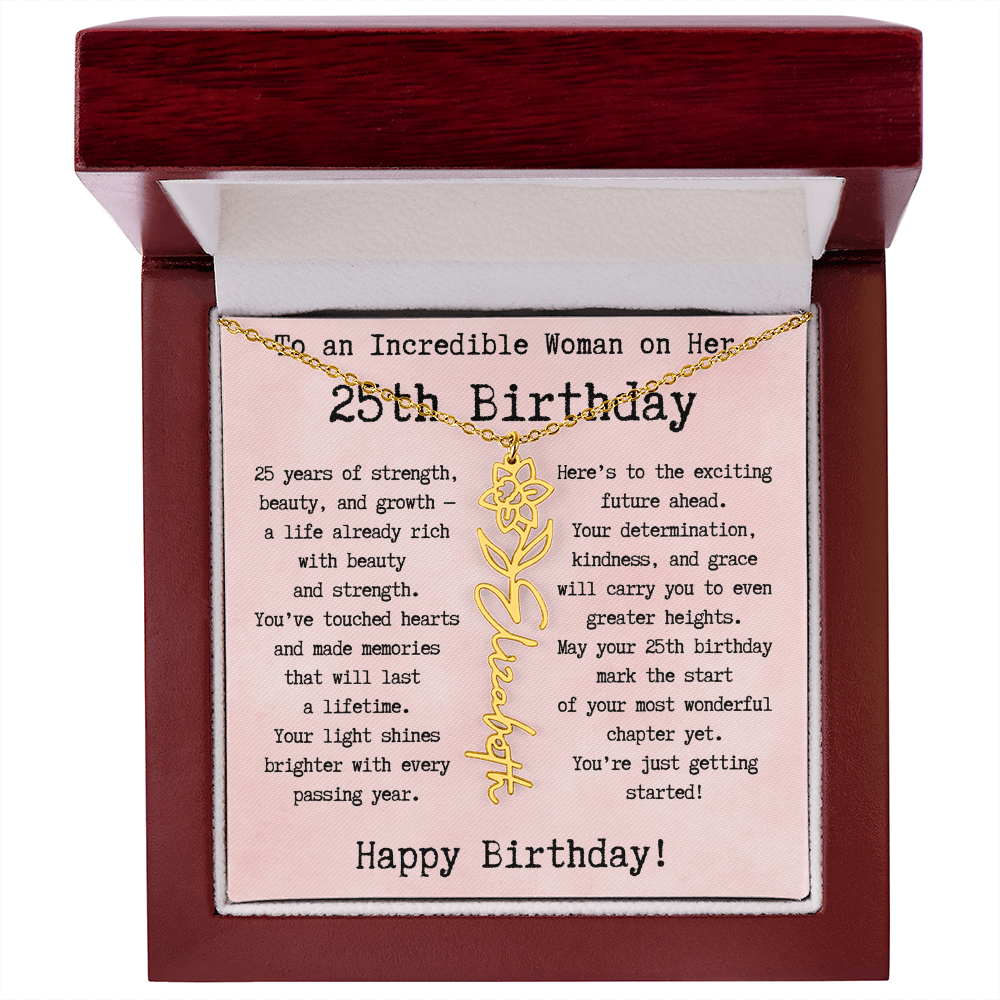Personalized 25th Birthday Gift for Her – Customized Birth Flower Name Necklace – Unique Twenty-Fifth Birthday Jewelry Gift from Grandma, Mom, Aunt, or Friend
