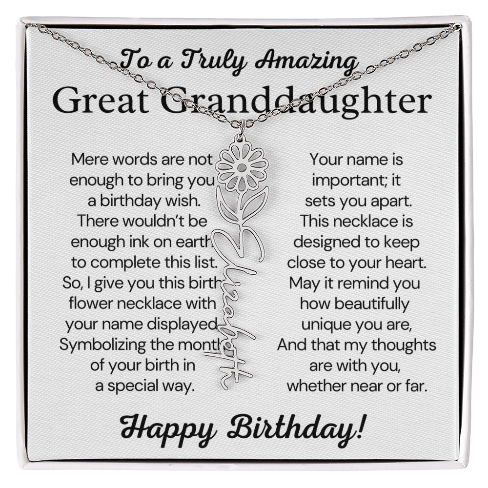 Personalized Birthday Gift for Great Granddaughter – Customized Birth Flower Name Necklace – Custom Jewelry Gift from Grandma