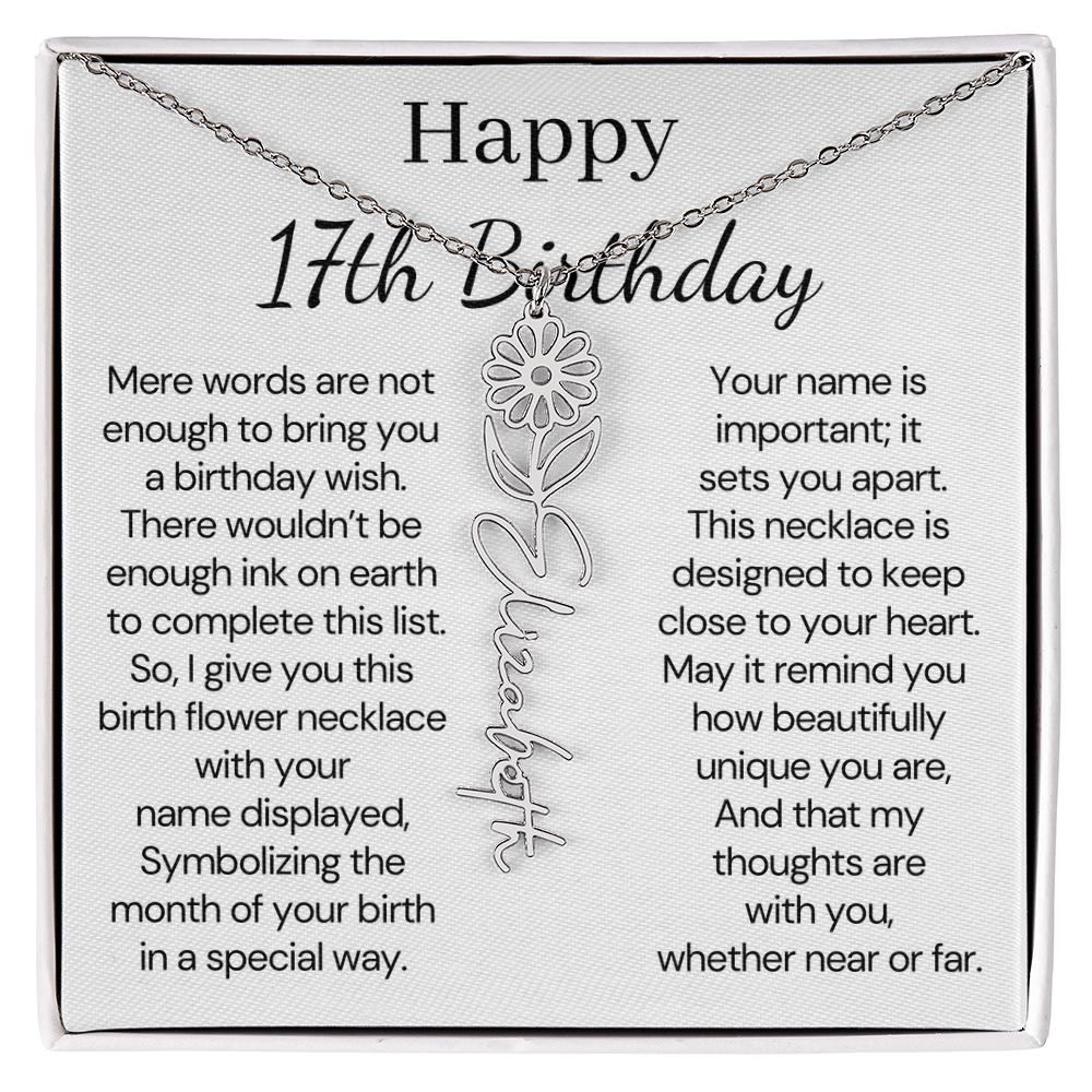 Personalized 17th Birthday Gift for Her – Customized Birth Flower Name Necklace – Jewelry Gift for Daughter, Granddaughter, or Niece