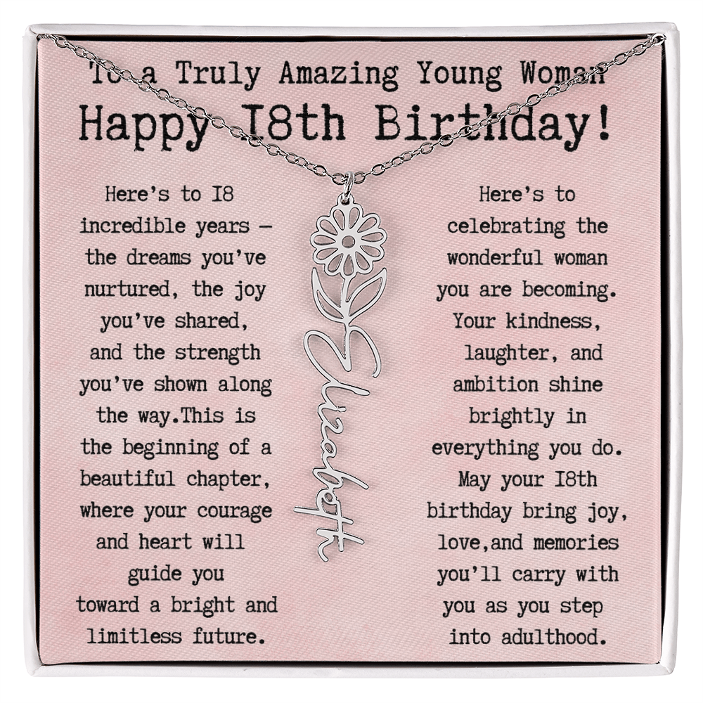 Personalized 18th Birthday Gift for Her – Customized Birth Flower Name Necklace – Unique Eighteenth Birthday Jewelry Gift from Grandma, Mom, Aunt, or Friend