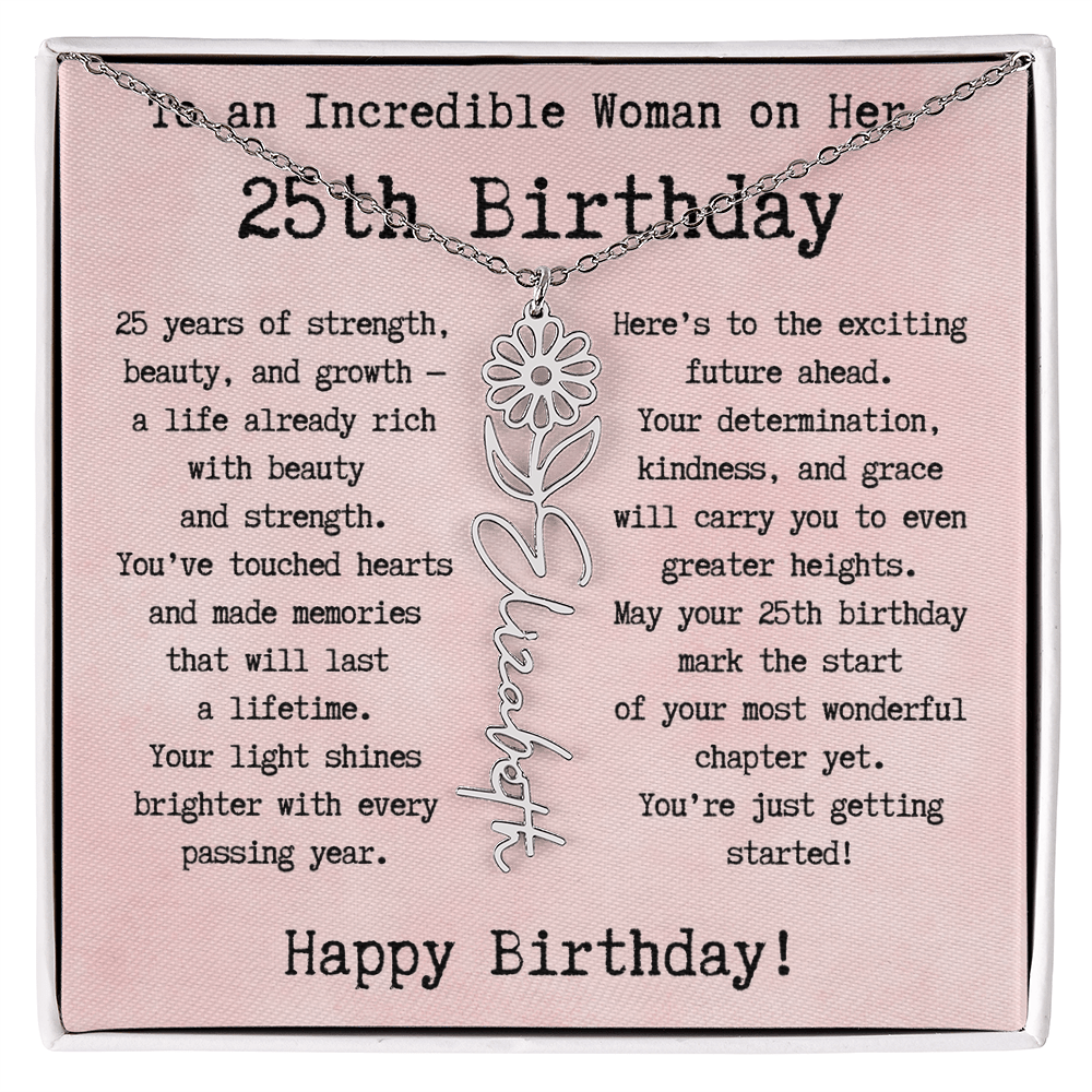 Personalized 25th Birthday Gift for Her – Customized Birth Flower Name Necklace – Unique Twenty-Fifth Birthday Jewelry Gift from Grandma, Mom, Aunt, or Friend