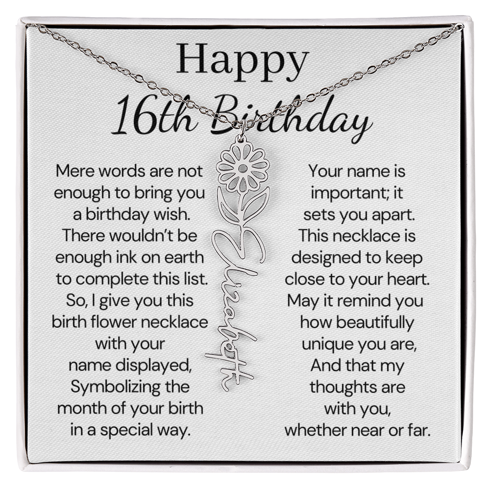 Personalized 16th Birthday Gift for Her – Customized Birth Flower Name Necklace – Jewelry Gift for Granddaughter, Daughter, or Niece
