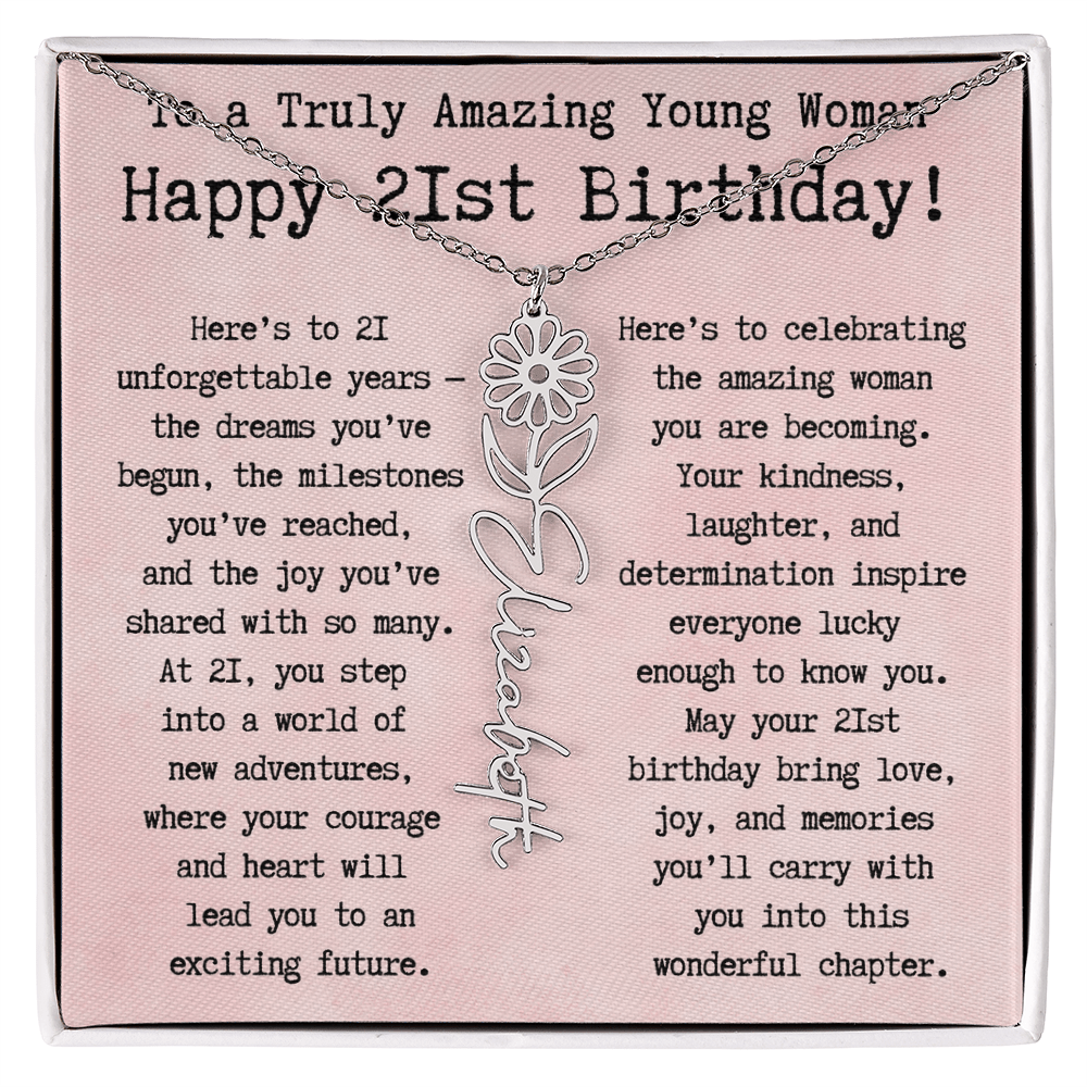 Personalized 21st Birthday Gift for Her – Customized Birth Flower Name Necklace – Unique Twenty-First Birthday Jewelry Gift from Grandma, Mom, Aunt, or Friend