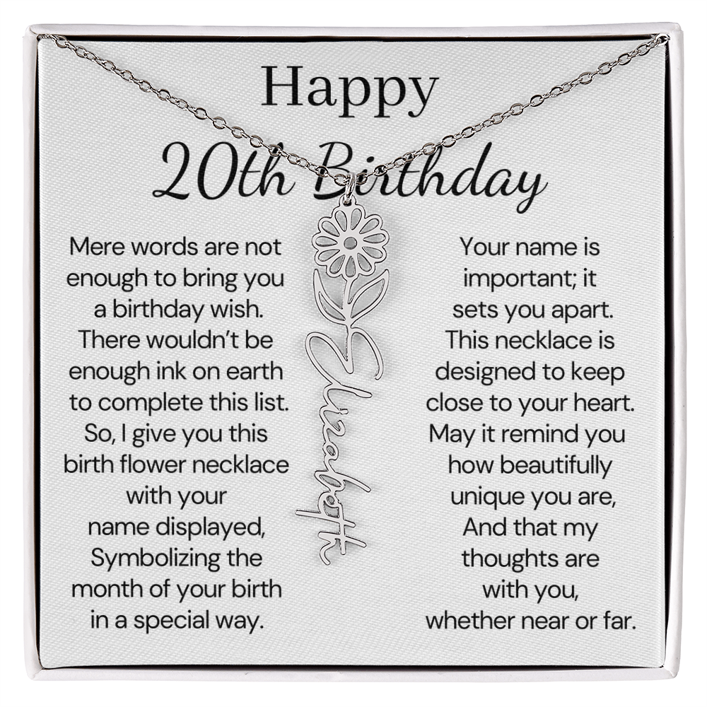 Personalized 20th Birthday Gift for Her – Customized Birth Flower Name Necklace – 20th Birthday Jewelry Gift for Daughter, Granddaughter, or Niece