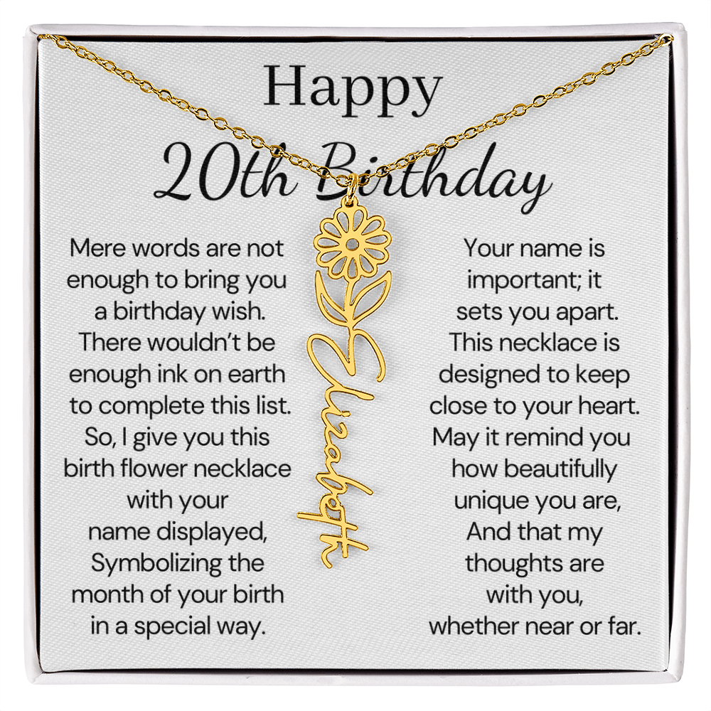 Personalized 20th Birthday Gift for Her – Customized Birth Flower Name Necklace – 20th Birthday Jewelry Gift for Daughter, Granddaughter, or Niece