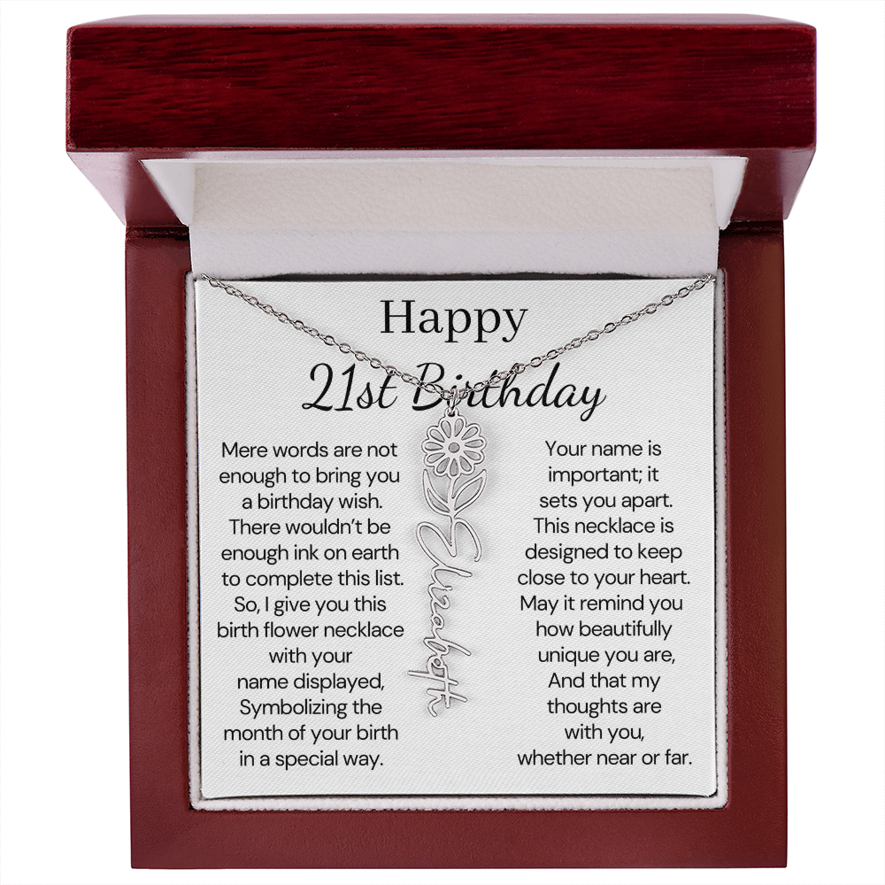 Personalized 21st Birthday Gift for Her – Customized Birth Flower Name Necklace – 21st Birthday Jewelry Gift for Granddaughter, Daughter, or Niece