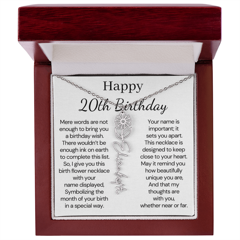 Personalized 20th Birthday Gift for Her – Customized Birth Flower Name Necklace – 20th Birthday Jewelry Gift for Daughter, Granddaughter, or Niece