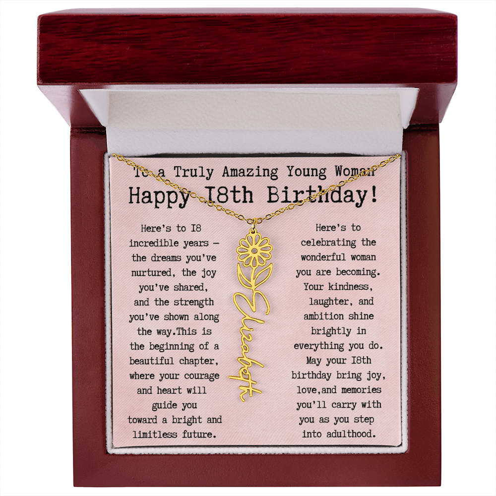 Personalized 18th Birthday Gift for Her – Customized Birth Flower Name Necklace – Unique Eighteenth Birthday Jewelry Gift from Grandma, Mom, Aunt, or Friend
