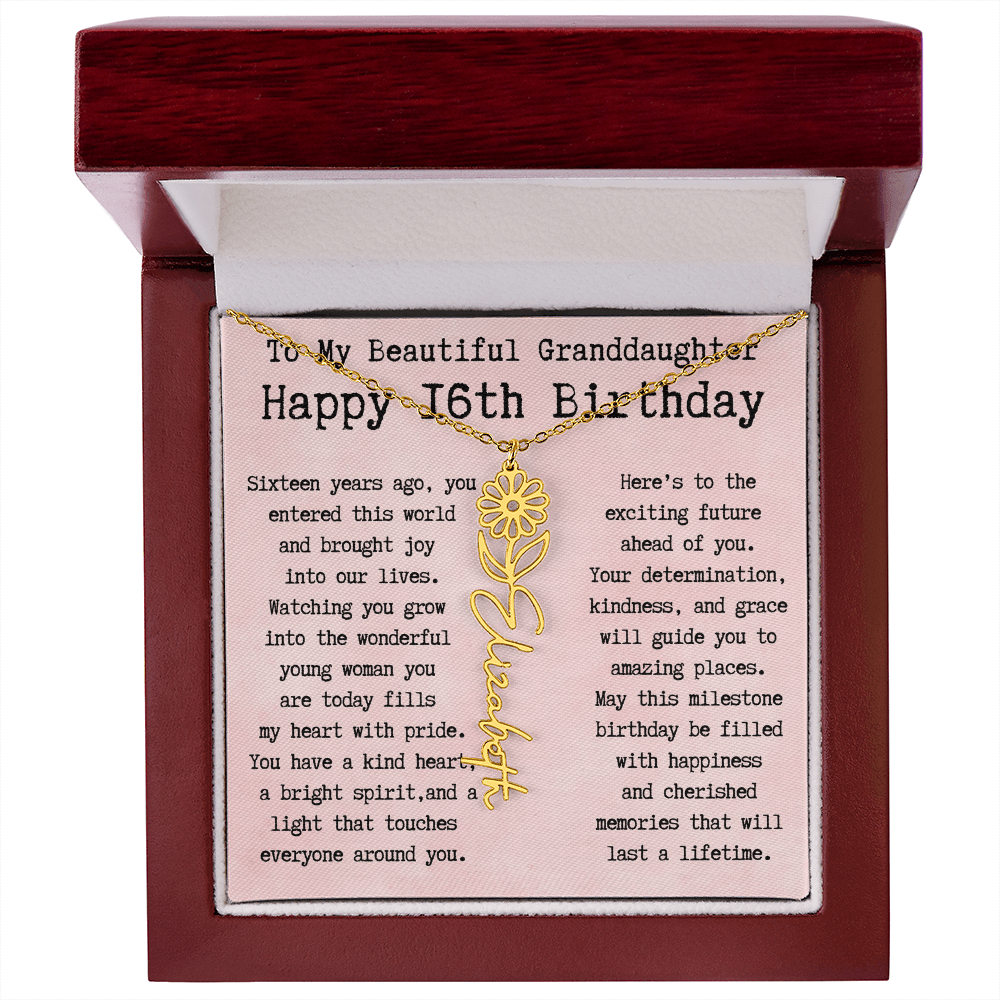 Personalized 16th Birthday Gift for Granddaughter – Customized Birth Flower Name Necklace – Sweet Sixteenth Jewelry Gift from Grandma