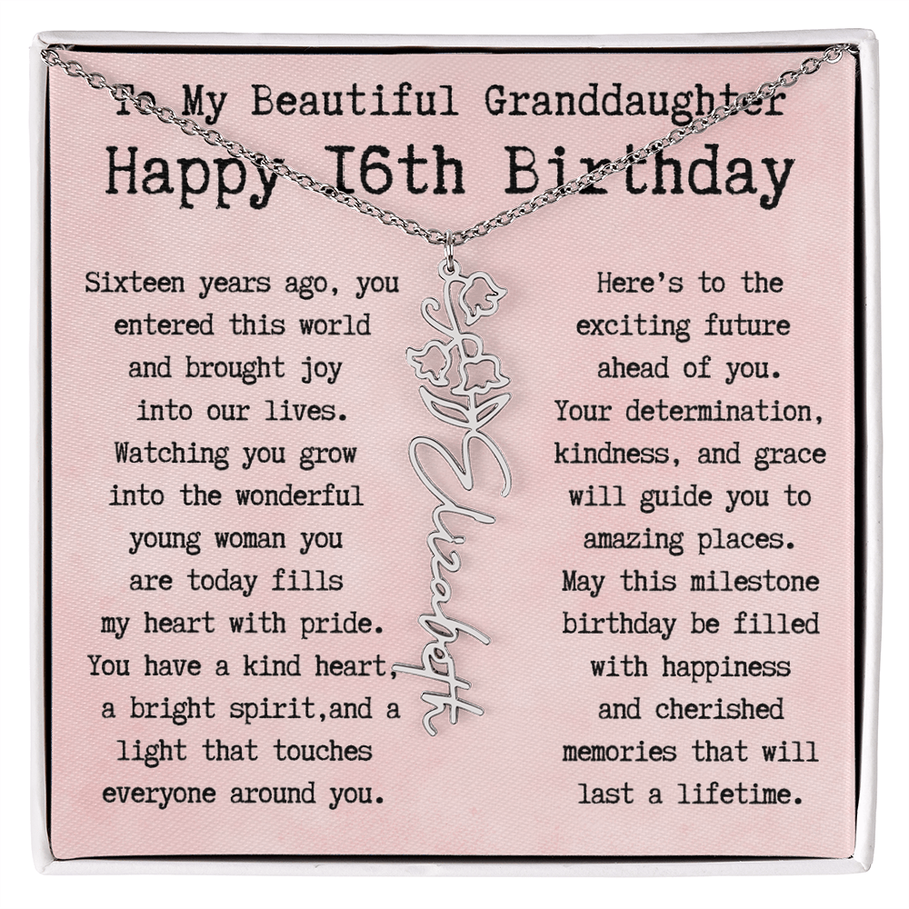 Personalized 16th Birthday Gift for Granddaughter – Customized Birth Flower Name Necklace – Sweet Sixteenth Jewelry Gift from Grandma