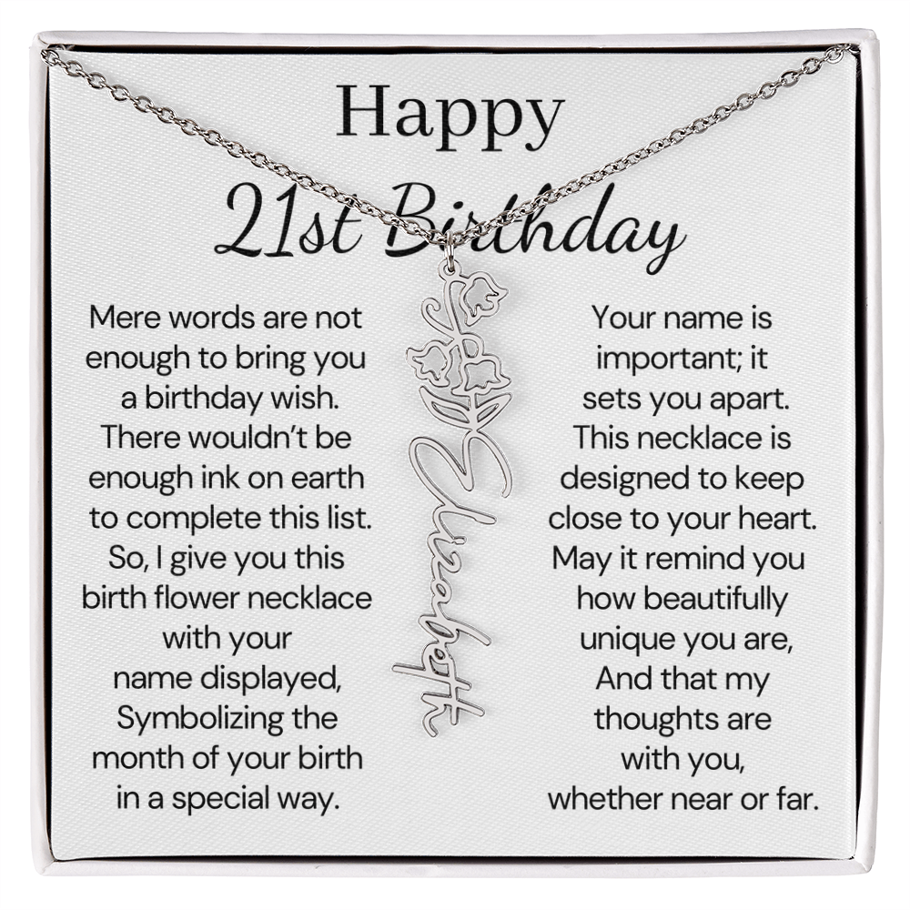 Personalized 21st Birthday Gift for Her – Customized Birth Flower Name Necklace – 21st Birthday Jewelry Gift for Granddaughter, Daughter, or Niece