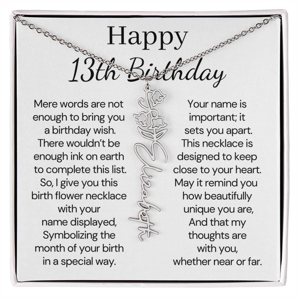 Personalized 13th Birthday Gift for Her – Customized Birth Flower Name Necklace – Teen Birthday Jewelry Gift for Granddaughter, Daughter, or Niece