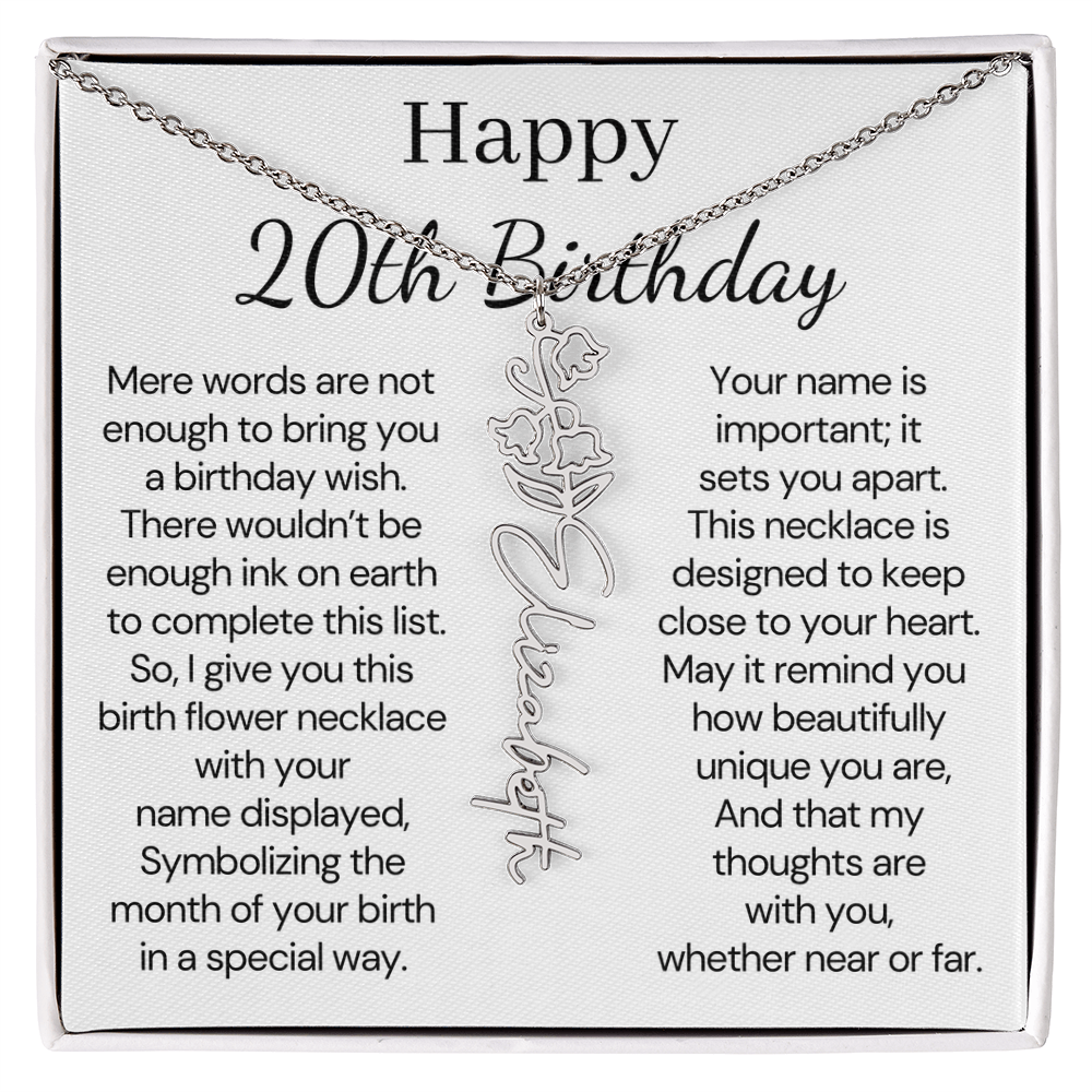 Personalized 20th Birthday Gift for Her – Customized Birth Flower Name Necklace – 20th Birthday Jewelry Gift for Daughter, Granddaughter, or Niece