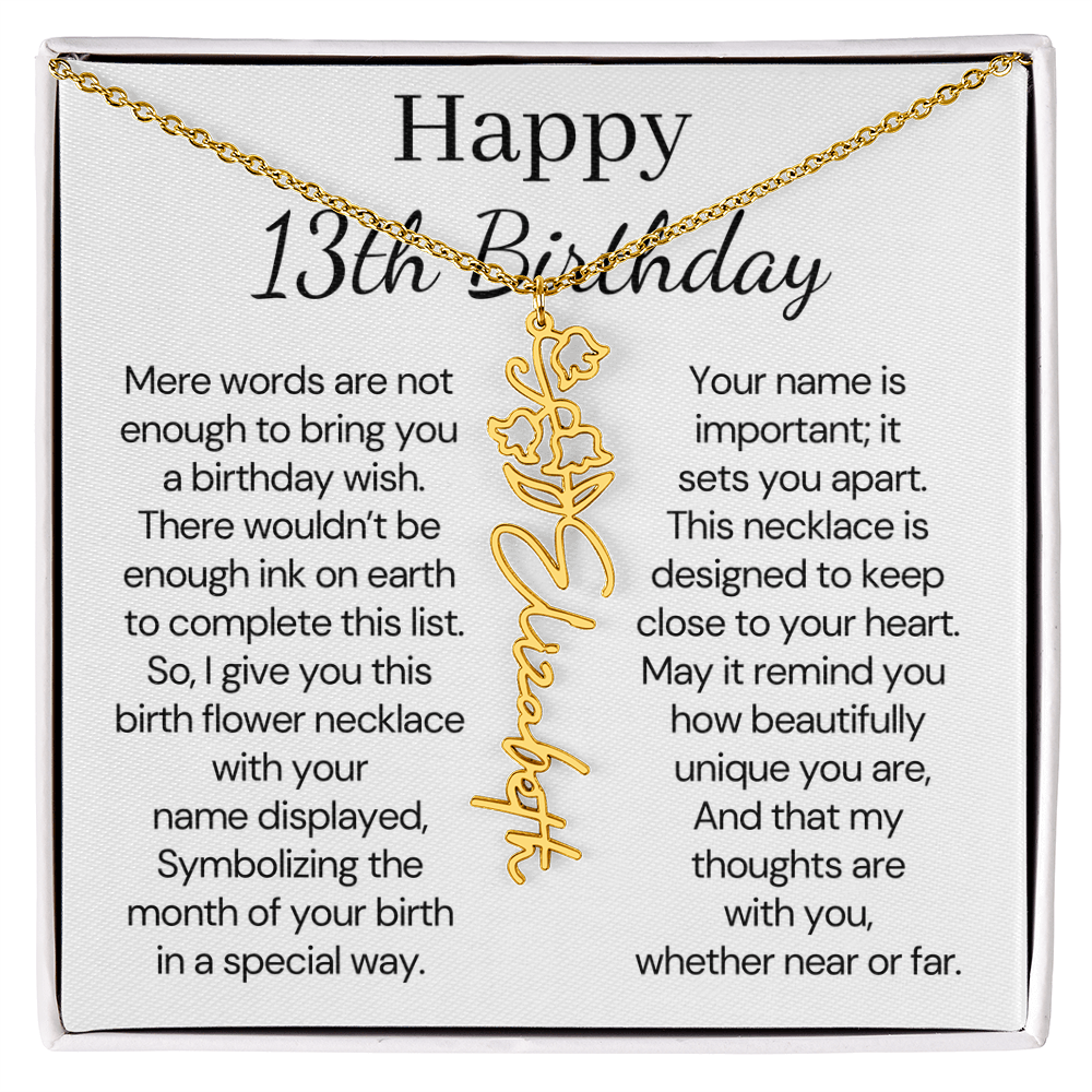Personalized 13th Birthday Gift for Her – Customized Birth Flower Name Necklace – Teen Birthday Jewelry Gift for Granddaughter, Daughter, or Niece