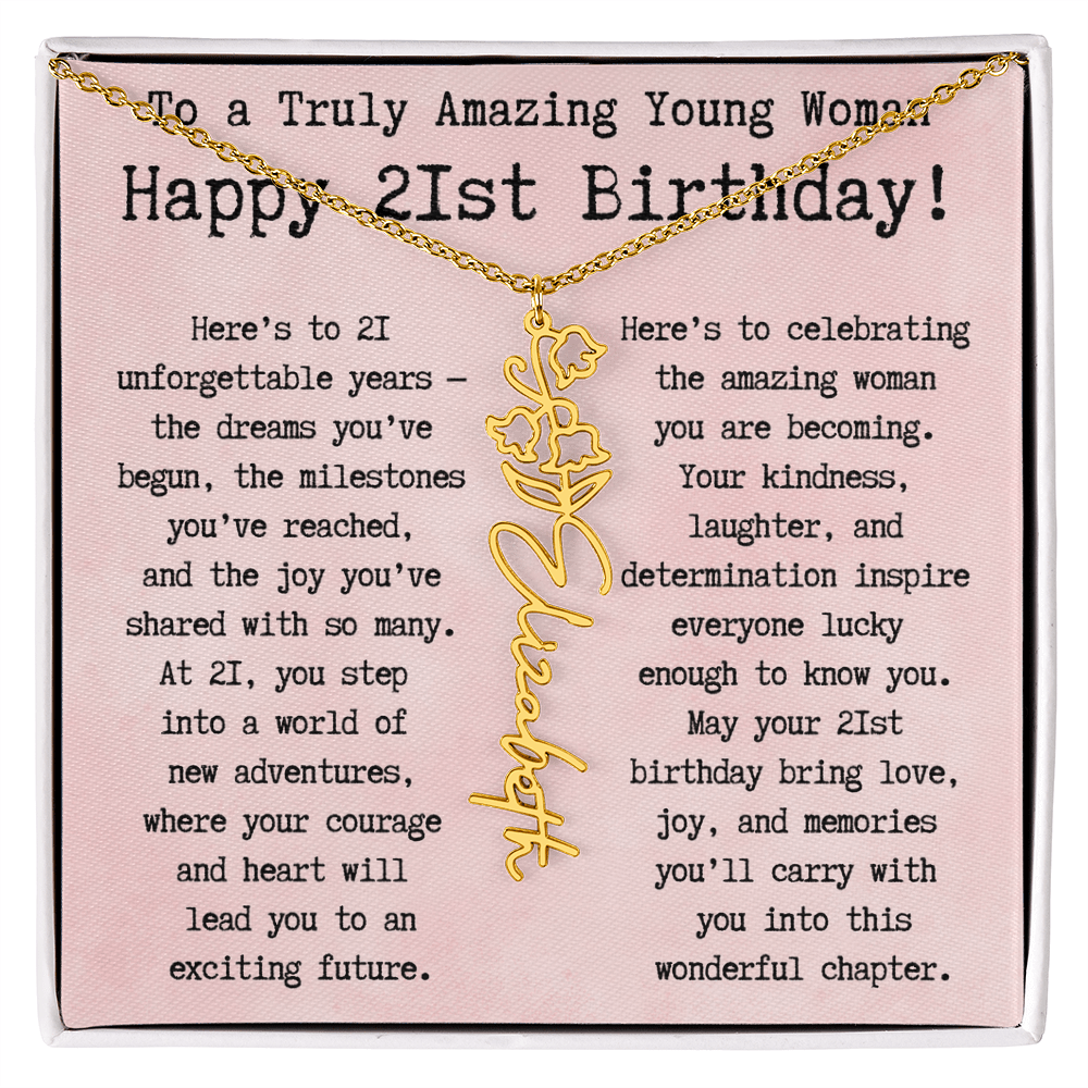 Personalized 21st Birthday Gift for Her – Customized Birth Flower Name Necklace – Unique Twenty-First Birthday Jewelry Gift from Grandma, Mom, Aunt, or Friend