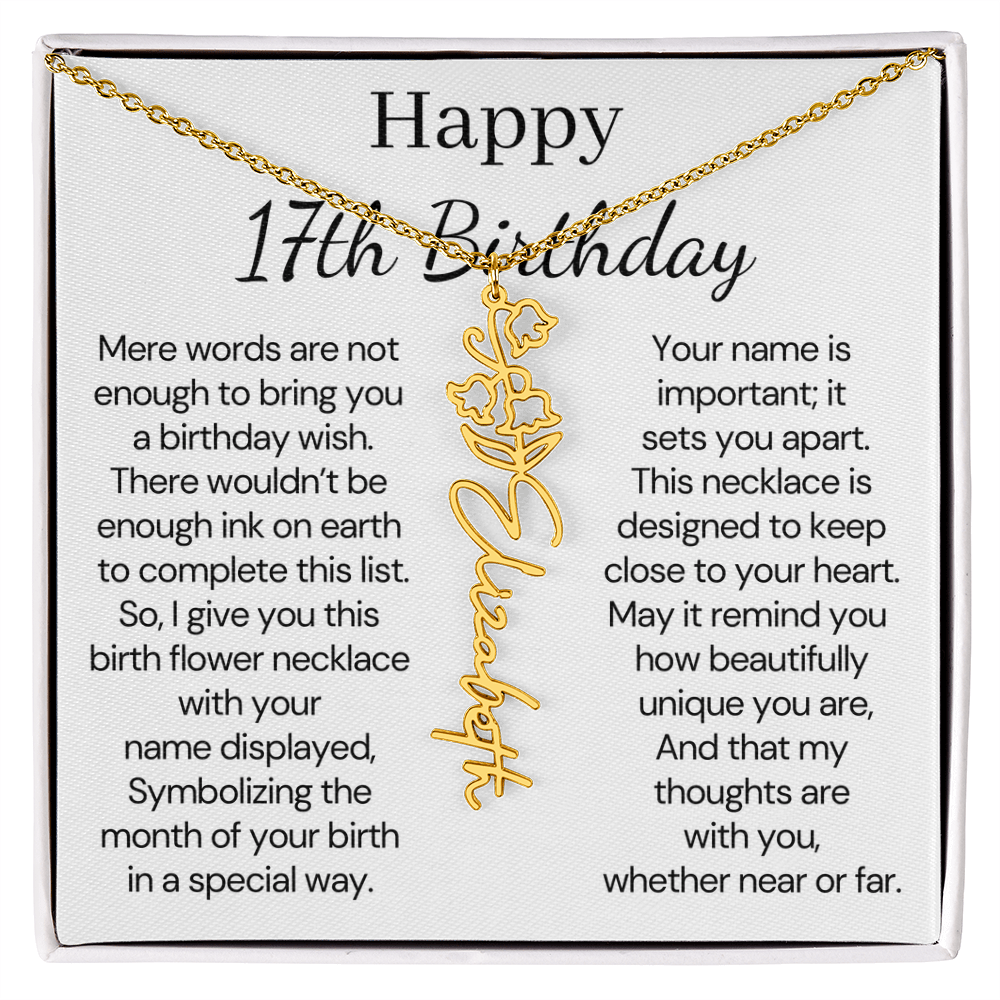 Personalized 17th Birthday Gift for Her – Customized Birth Flower Name Necklace – Jewelry Gift for Daughter, Granddaughter, or Niece