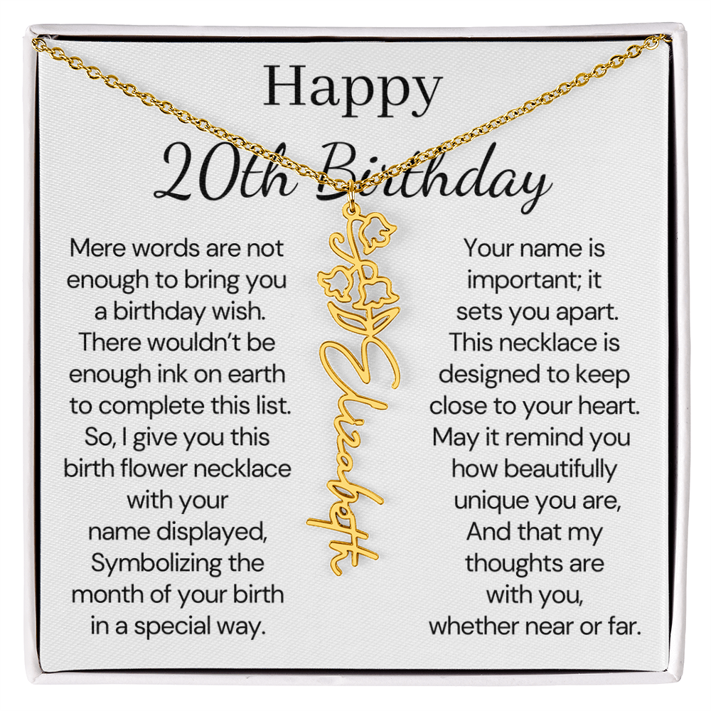 Personalized 20th Birthday Gift for Her – Customized Birth Flower Name Necklace – 20th Birthday Jewelry Gift for Daughter, Granddaughter, or Niece