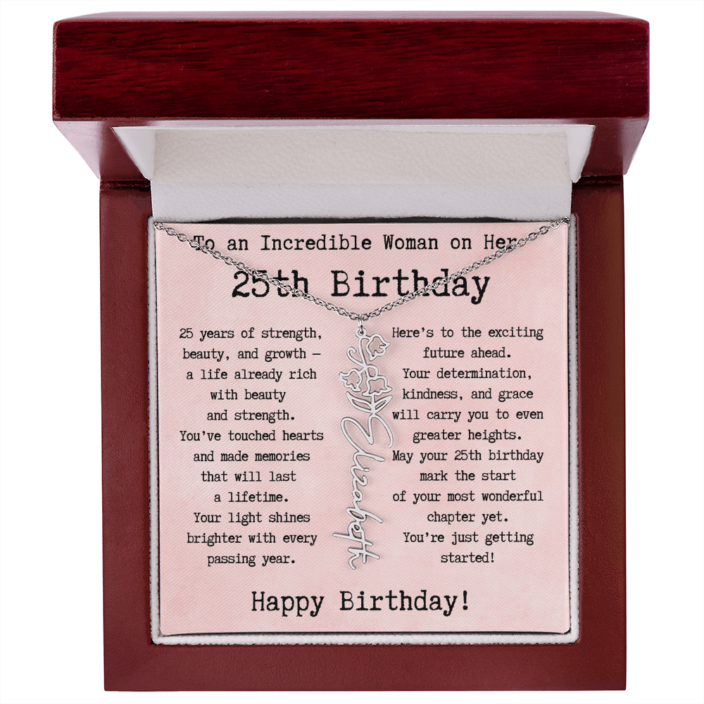 Personalized 25th Birthday Gift for Her – Customized Birth Flower Name Necklace – Unique Twenty-Fifth Birthday Jewelry Gift from Grandma, Mom, Aunt, or Friend