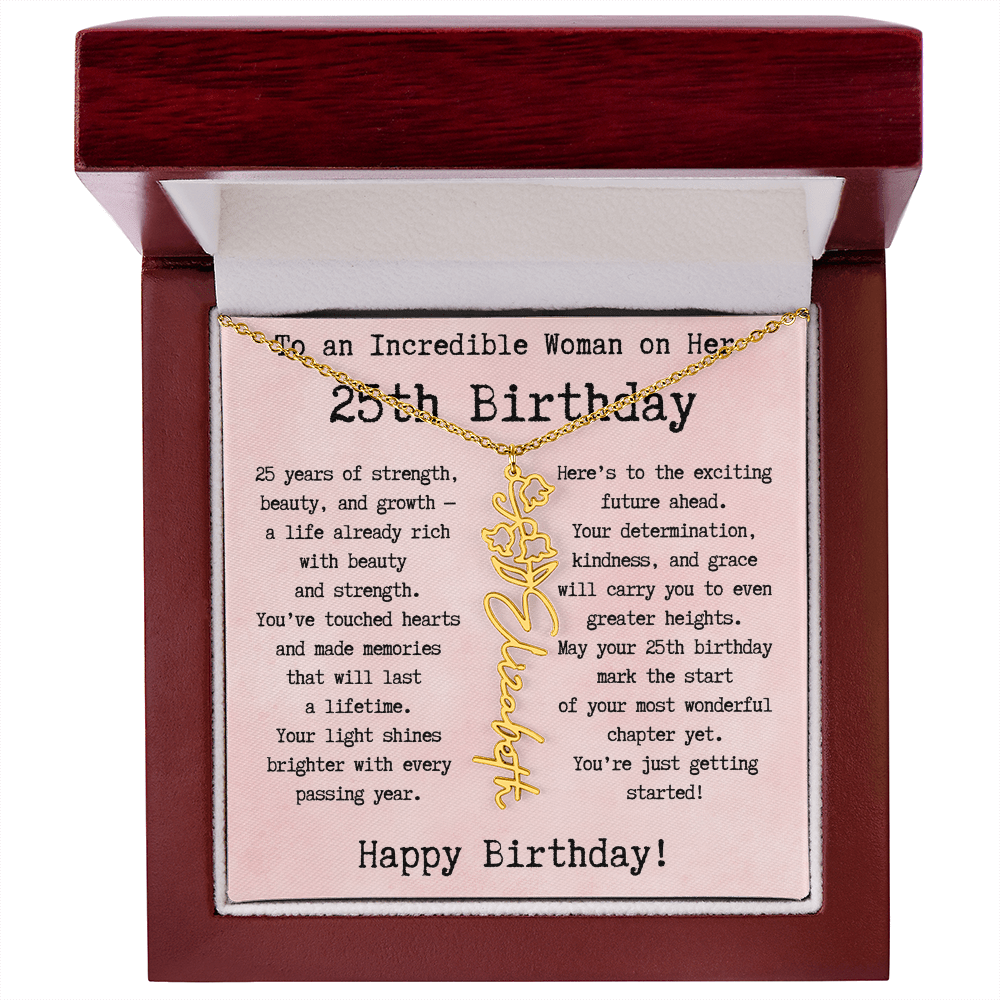 Personalized 25th Birthday Gift for Her – Customized Birth Flower Name Necklace – Unique Twenty-Fifth Birthday Jewelry Gift from Grandma, Mom, Aunt, or Friend