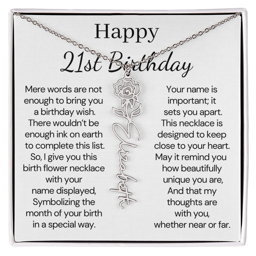 Personalized 21st Birthday Gift for Her – Customized Birth Flower Name Necklace – 21st Birthday Jewelry Gift for Granddaughter, Daughter, or Niece