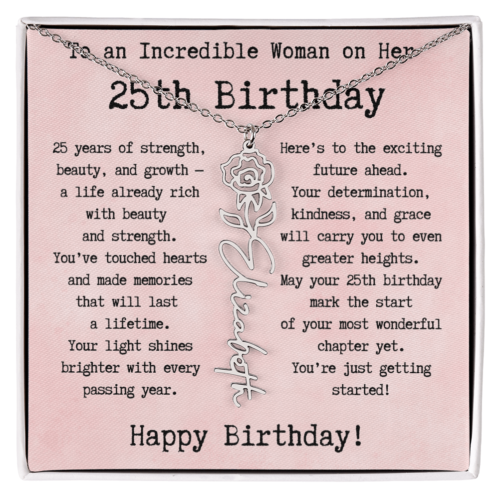 Personalized 25th Birthday Gift for Her – Customized Birth Flower Name Necklace – Unique Twenty-Fifth Birthday Jewelry Gift from Grandma, Mom, Aunt, or Friend