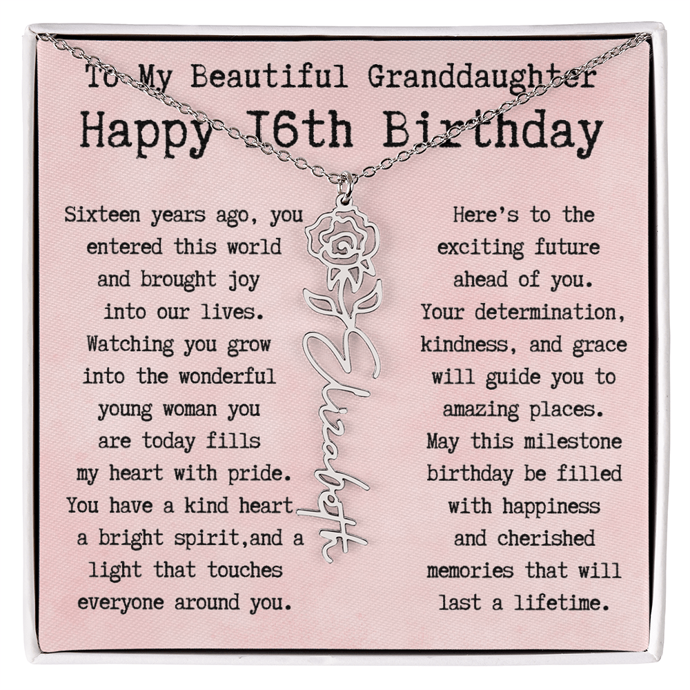 Personalized 16th Birthday Gift for Granddaughter – Customized Birth Flower Name Necklace – Sweet Sixteenth Jewelry Gift from Grandma