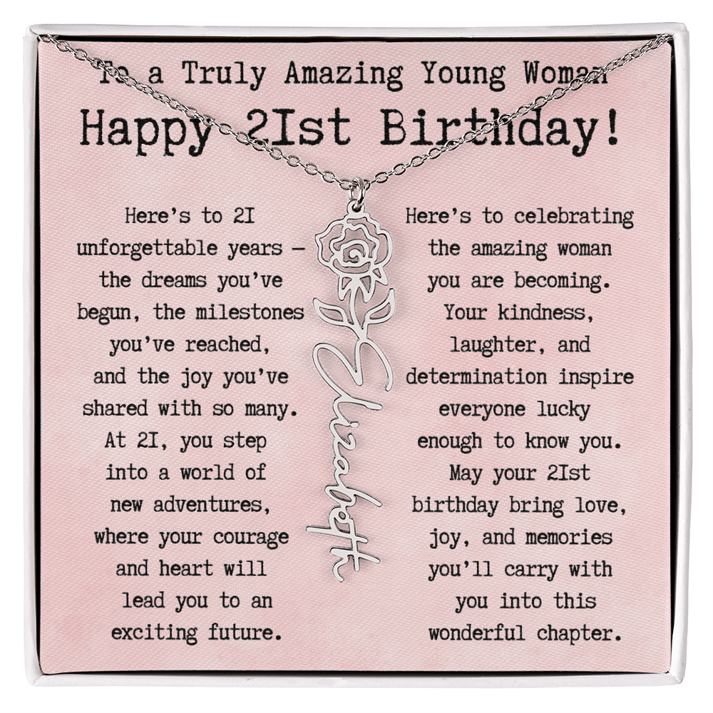Personalized 21st Birthday Gift for Her – Customized Birth Flower Name Necklace – Unique Twenty-First Birthday Jewelry Gift from Grandma, Mom, Aunt, or Friend