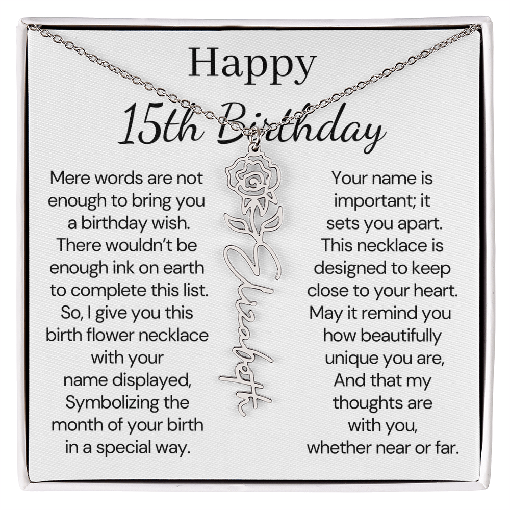 Personalized 15th Birthday Gift for Her – Customized Birth Flower Name Necklace – 15th Birthday Jewelry Gift for Granddaughter, Daughter, or Niece