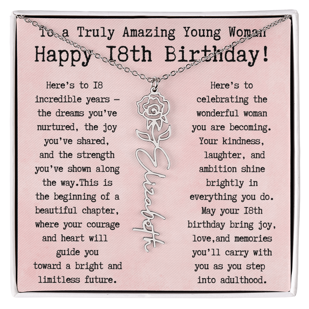 Personalized 18th Birthday Gift for Her – Customized Birth Flower Name Necklace – Unique Eighteenth Birthday Jewelry Gift from Grandma, Mom, Aunt, or Friend
