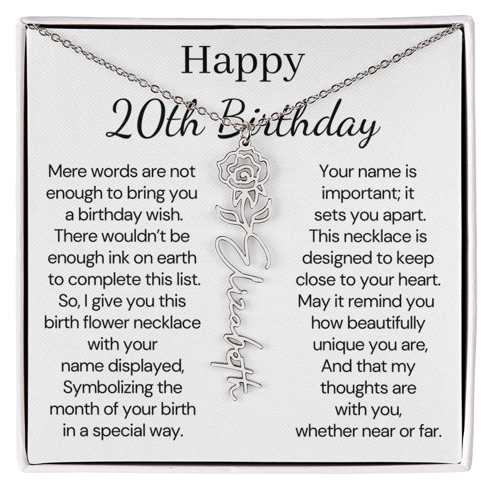 Personalized 20th Birthday Gift for Her – Customized Birth Flower Name Necklace – 20th Birthday Jewelry Gift for Daughter, Granddaughter, or Niece