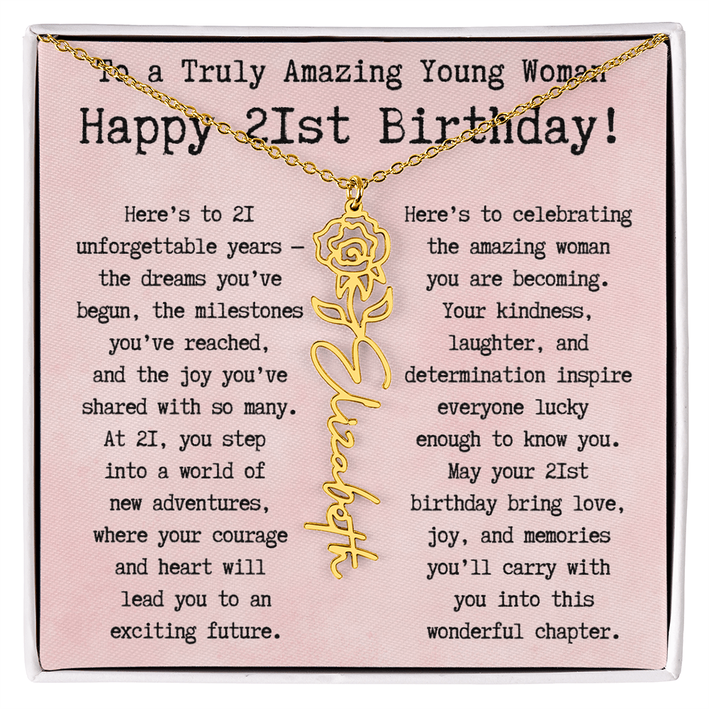 Personalized 21st Birthday Gift for Her – Customized Birth Flower Name Necklace – Unique Twenty-First Birthday Jewelry Gift from Grandma, Mom, Aunt, or Friend