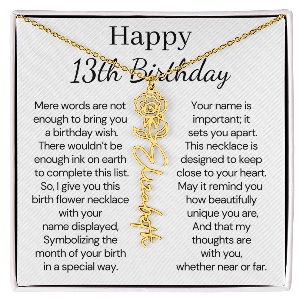 Personalized 13th Birthday Gift for Her – Customized Birth Flower Name Necklace – Teen Birthday Jewelry Gift for Granddaughter, Daughter, or Niece