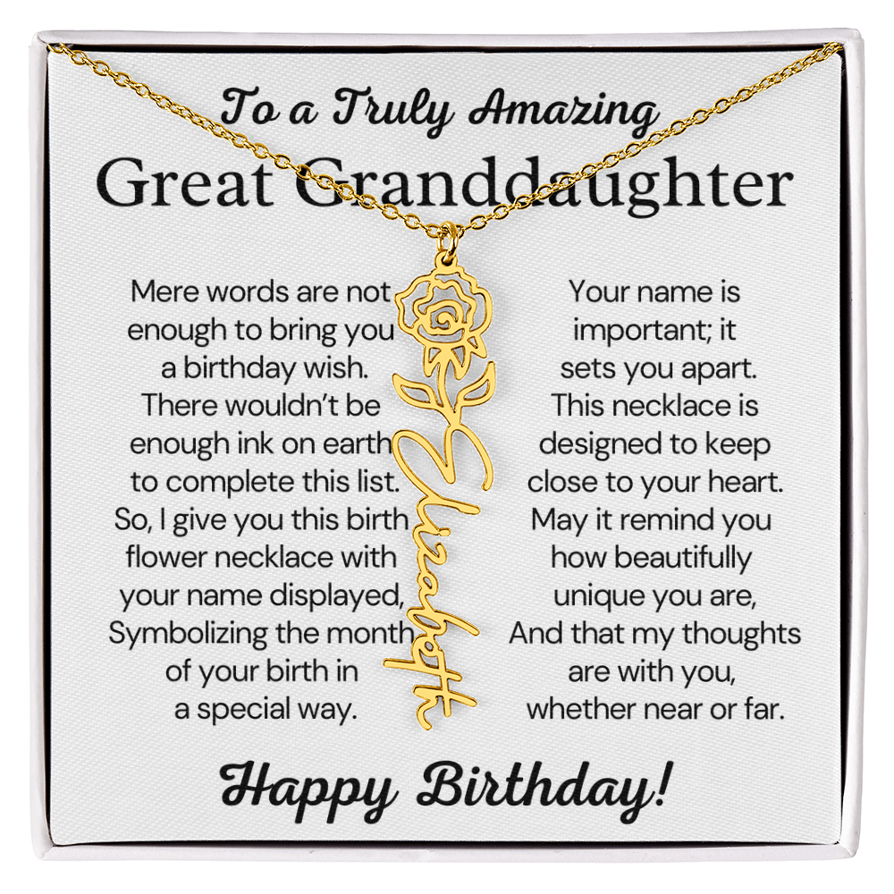 Personalized Birthday Gift for Great Granddaughter – Customized Birth Flower Name Necklace – Custom Jewelry Gift from Grandma