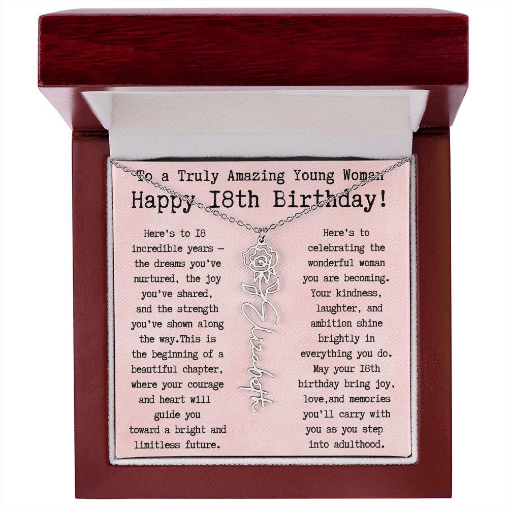 Personalized 18th Birthday Gift for Her – Customized Birth Flower Name Necklace – Unique Eighteenth Birthday Jewelry Gift from Grandma, Mom, Aunt, or Friend