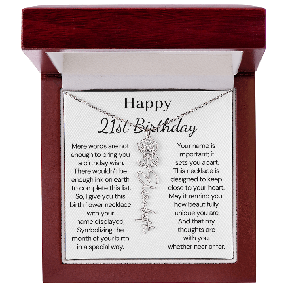 Personalized 21st Birthday Gift for Her – Customized Birth Flower Name Necklace – 21st Birthday Jewelry Gift for Granddaughter, Daughter, or Niece