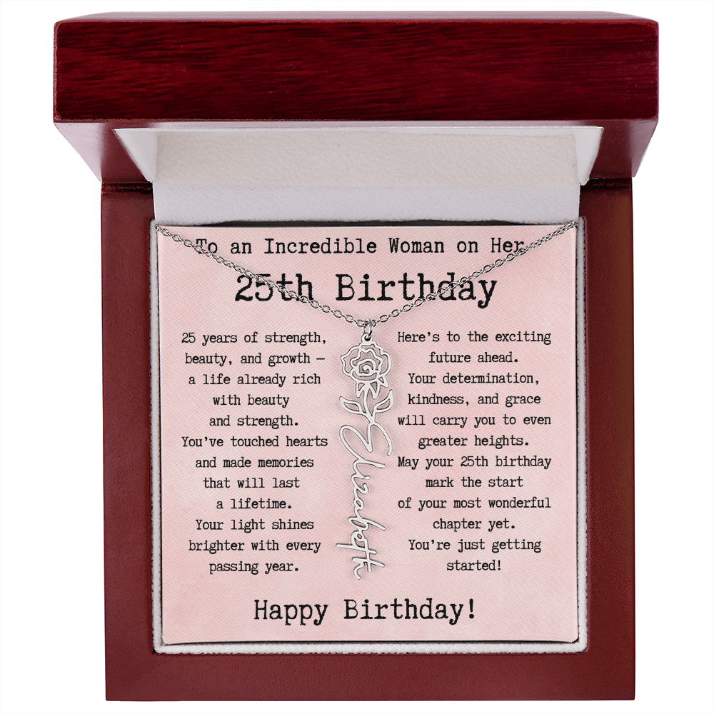 Personalized 25th Birthday Gift for Her – Customized Birth Flower Name Necklace – Unique Twenty-Fifth Birthday Jewelry Gift from Grandma, Mom, Aunt, or Friend
