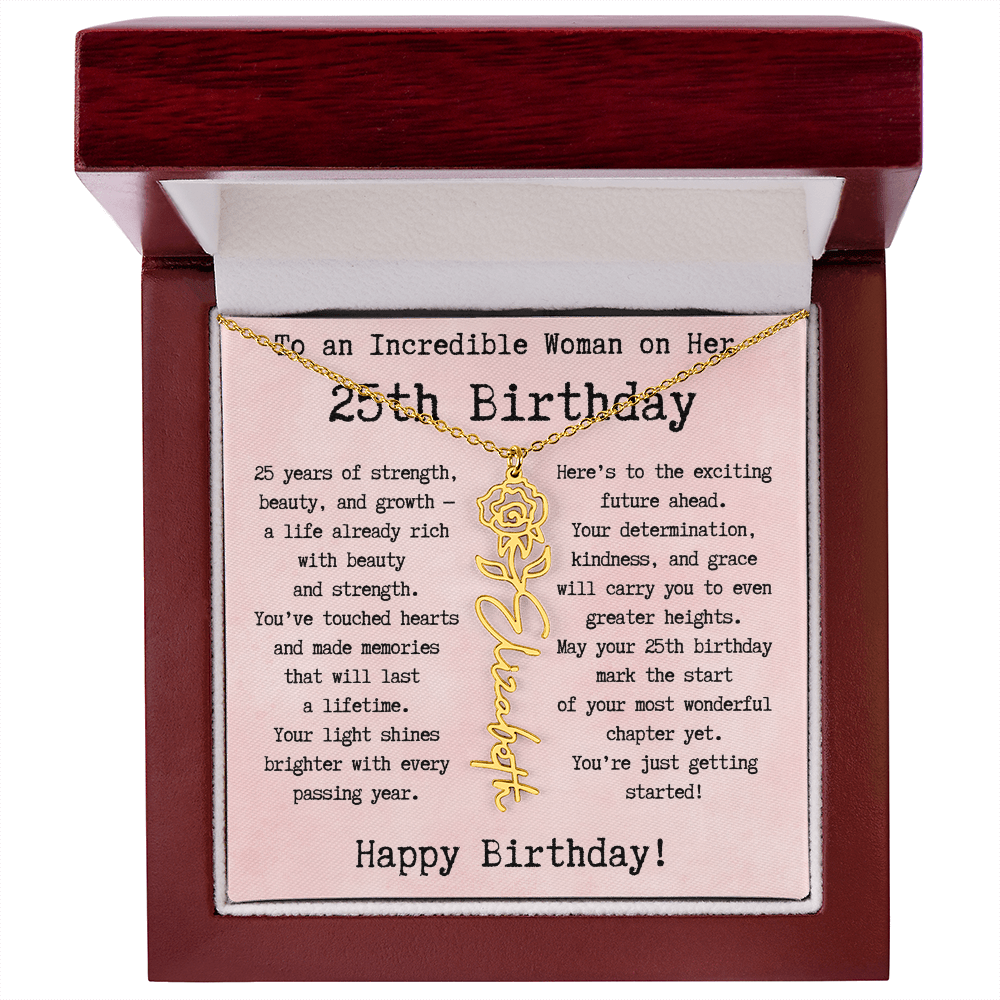 Personalized 25th Birthday Gift for Her – Customized Birth Flower Name Necklace – Unique Twenty-Fifth Birthday Jewelry Gift from Grandma, Mom, Aunt, or Friend