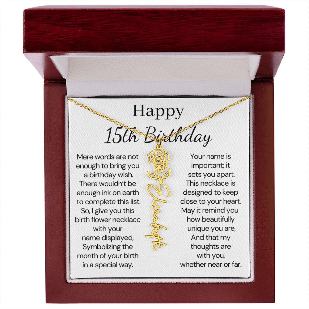 Personalized 15th Birthday Gift for Her – Customized Birth Flower Name Necklace – 15th Birthday Jewelry Gift for Granddaughter, Daughter, or Niece