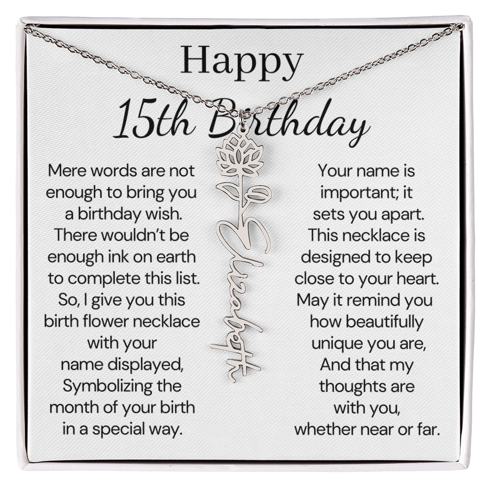 Personalized 15th Birthday Gift for Her – Customized Birth Flower Name Necklace – 15th Birthday Jewelry Gift for Granddaughter, Daughter, or Niece