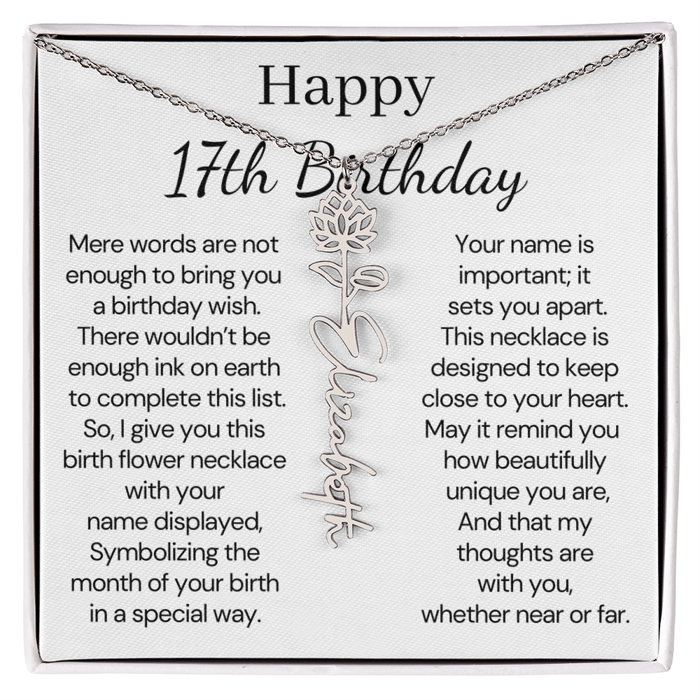 Personalized 17th Birthday Gift for Her – Customized Birth Flower Name Necklace – Jewelry Gift for Daughter, Granddaughter, or Niece