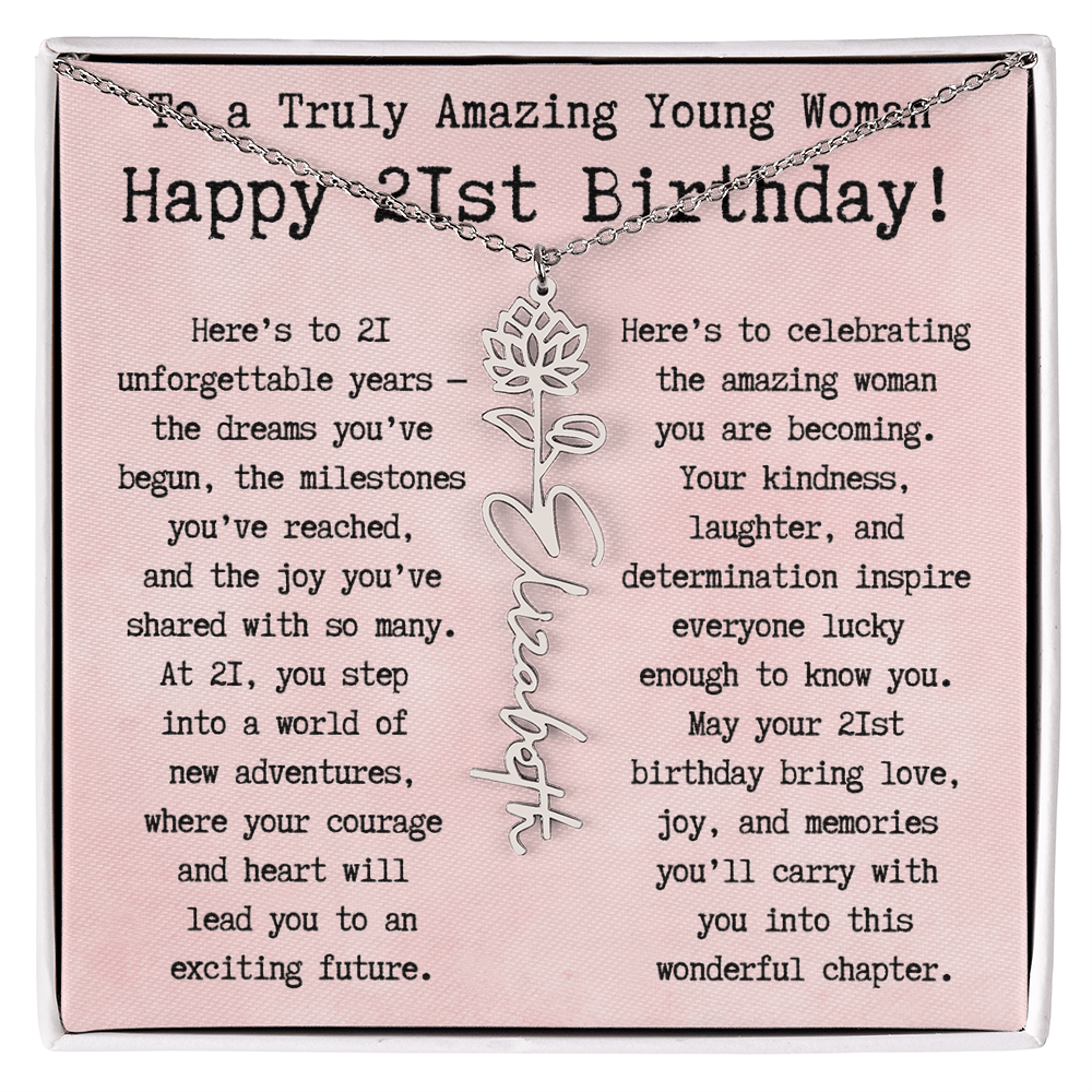Personalized 21st Birthday Gift for Her – Customized Birth Flower Name Necklace – Unique Twenty-First Birthday Jewelry Gift from Grandma, Mom, Aunt, or Friend