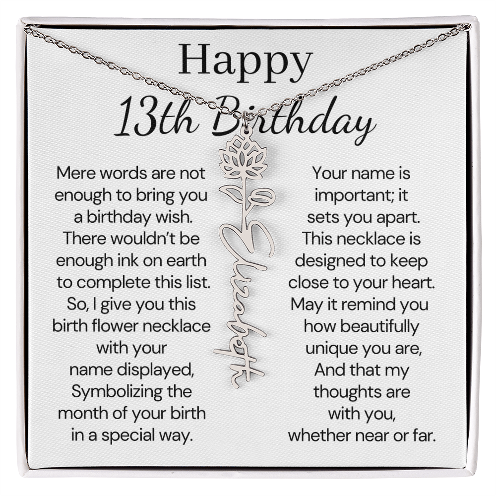 Personalized 13th Birthday Gift for Her – Customized Birth Flower Name Necklace – Teen Birthday Jewelry Gift for Granddaughter, Daughter, or Niece