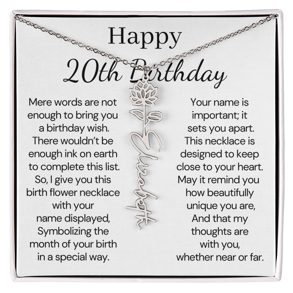 Personalized 20th Birthday Gift for Her – Customized Birth Flower Name Necklace – 20th Birthday Jewelry Gift for Daughter, Granddaughter, or Niece