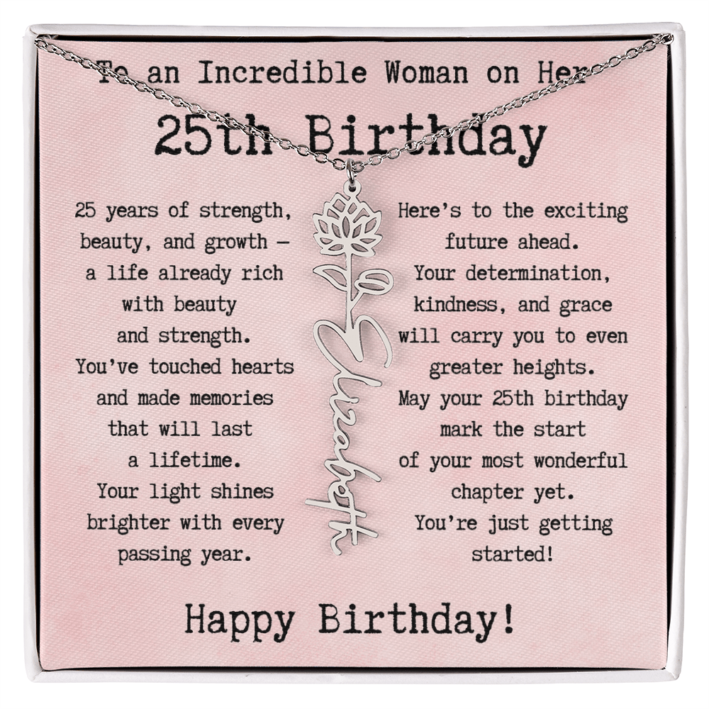 Personalized 25th Birthday Gift for Her – Customized Birth Flower Name Necklace – Unique Twenty-Fifth Birthday Jewelry Gift from Grandma, Mom, Aunt, or Friend
