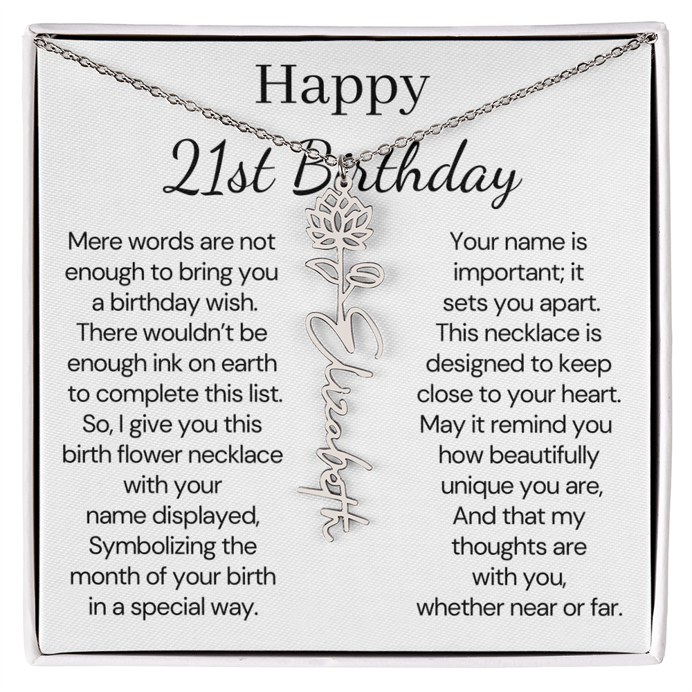 Personalized 21st Birthday Gift for Her – Customized Birth Flower Name Necklace – 21st Birthday Jewelry Gift for Granddaughter, Daughter, or Niece