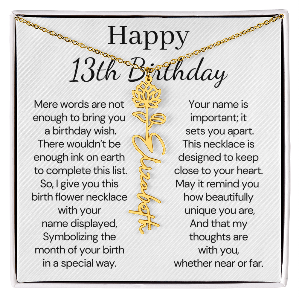 Personalized 13th Birthday Gift for Her – Customized Birth Flower Name Necklace – Teen Birthday Jewelry Gift for Granddaughter, Daughter, or Niece