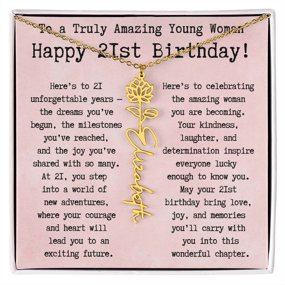 Personalized 21st Birthday Gift for Her – Customized Birth Flower Name Necklace – Unique Twenty-First Birthday Jewelry Gift from Grandma, Mom, Aunt, or Friend