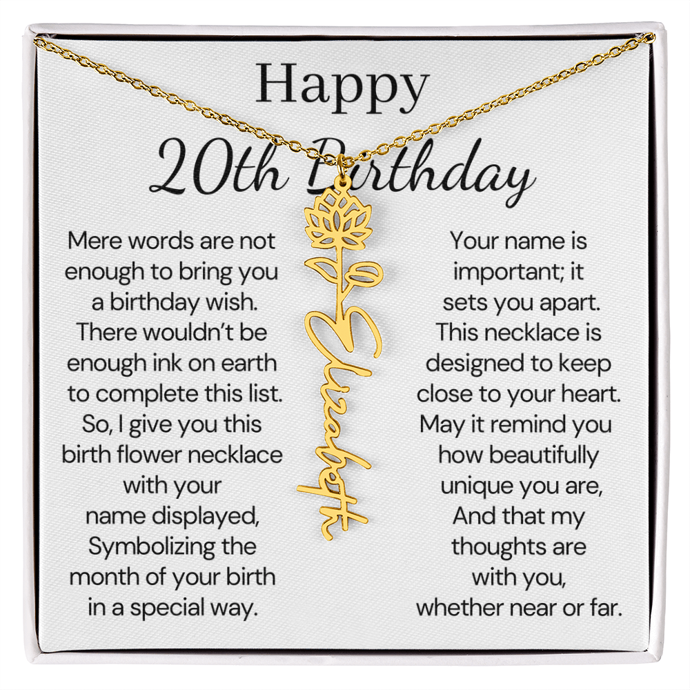 Personalized 20th Birthday Gift for Her – Customized Birth Flower Name Necklace – 20th Birthday Jewelry Gift for Daughter, Granddaughter, or Niece